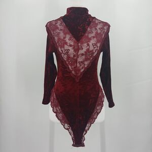 womans Vintage Libertine Paris Crushed Velvet & Lace Bodysuit size small red